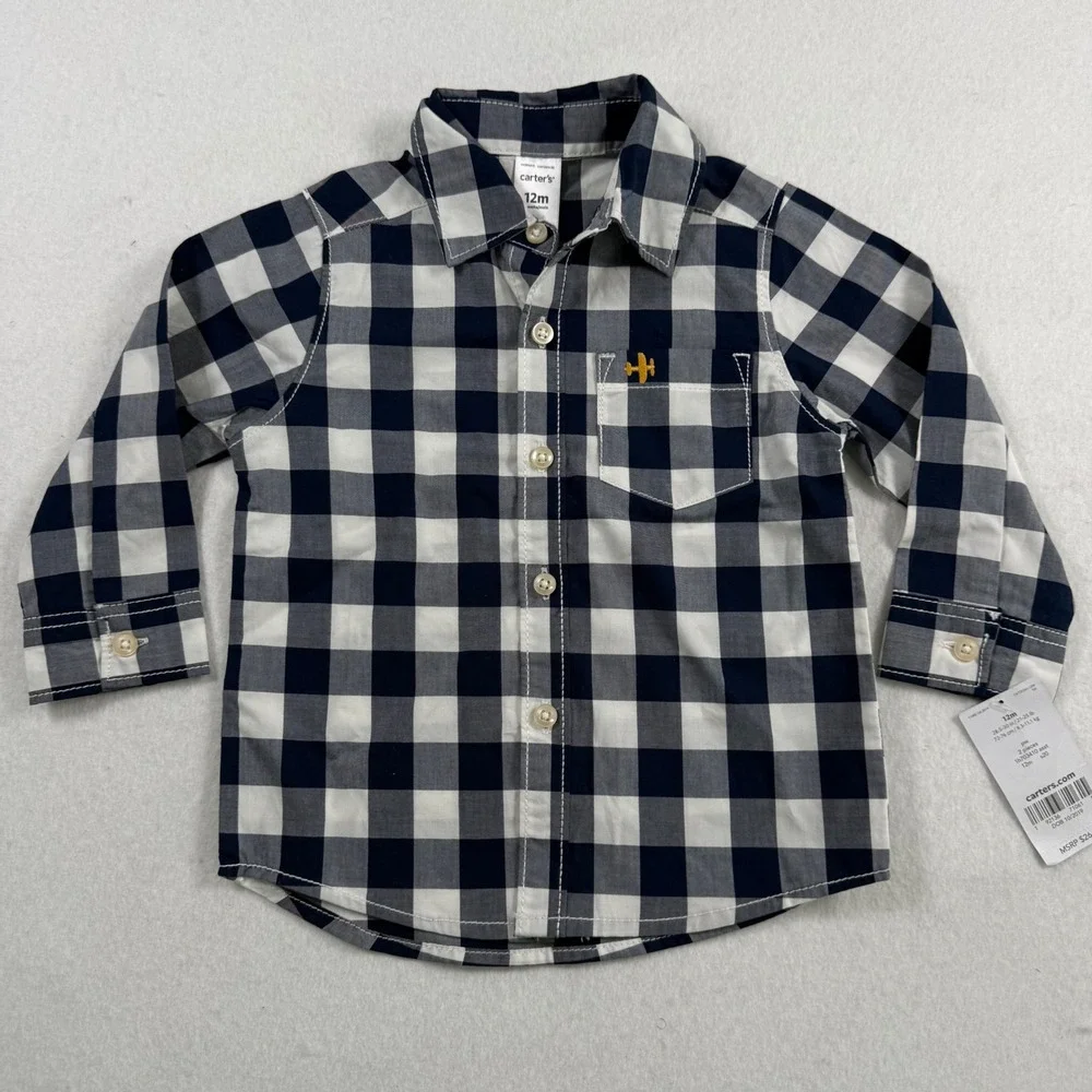 NWT Carters Baby Boys Navy White Buffalo Check Long Sleeve Button Down Shirt 12M
